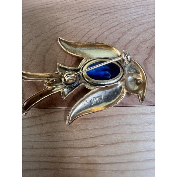 Coro Bird Brooch Gold-Tone Blue Glass Stone Mid-Century Jewelry Retro Pin - Picture 4 of 8